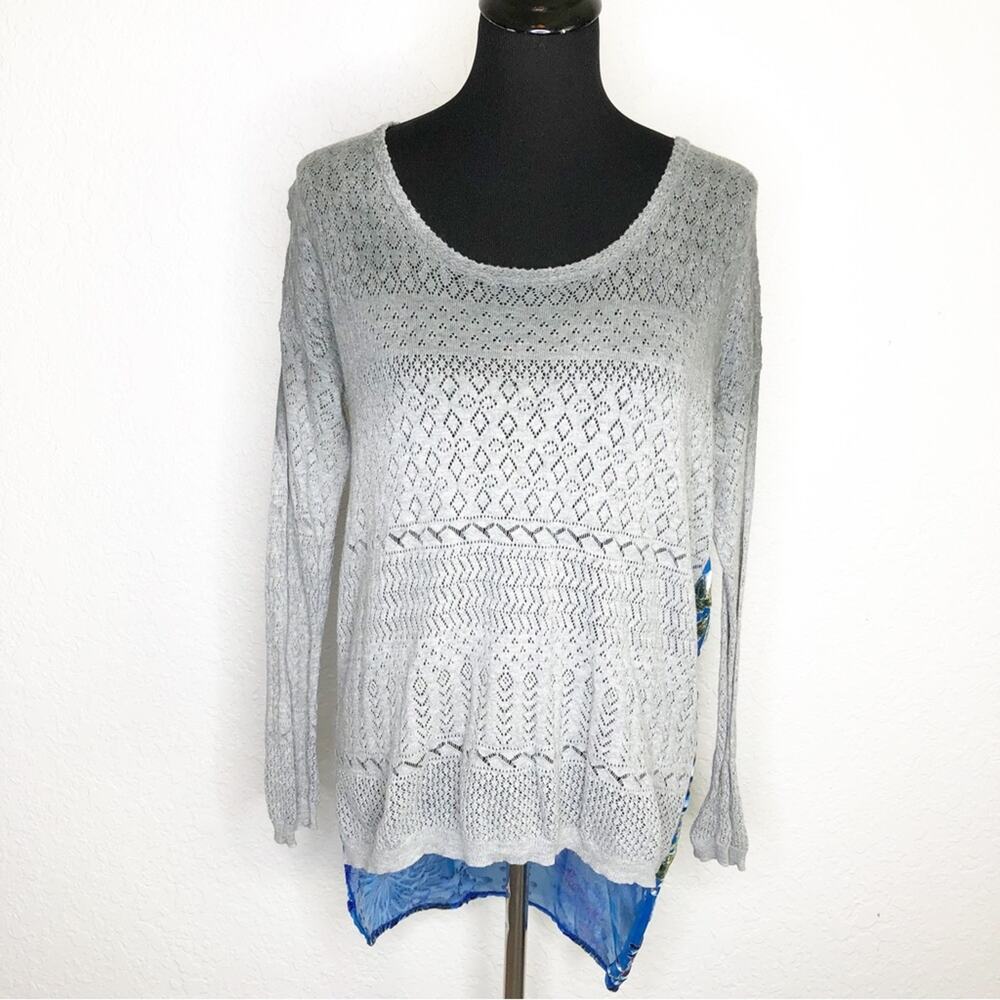 Aratta Silent Journey gray crochet knit blue velvet floral top size Medium